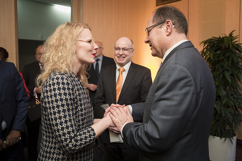 Kelly Stange, an Agricultural Counselor for Germany, Austria, Hungary & Slovenia with USDA’s Foreign Agriculture Service greets Christian Schmidt, German Federal Minister of Food and Agriculture