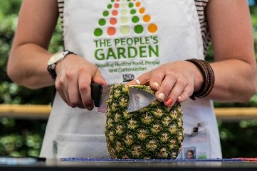 A person cutting a pineapple